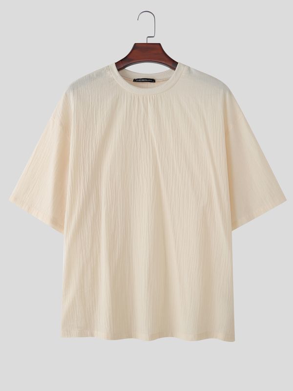 Men's Japanese Relaxed Style Texture Oversized Rolled Cuff T-shirt SKUL76481