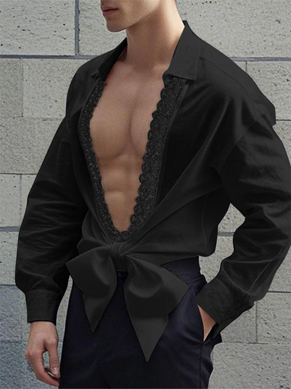 Mens Lace Patchwork Hollow-Out Long-Sleeve Shirt SKUK97045