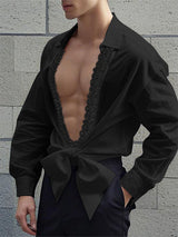 Mens Lace Patchwork Hollow-Out Long-Sleeve Shirt SKUK97045