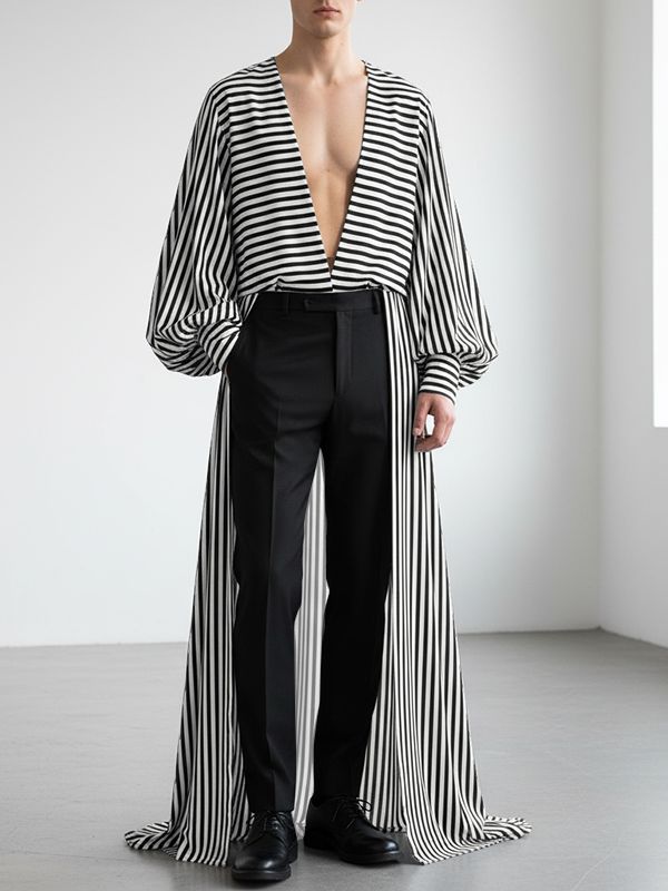 Men's Striped Asymmetrical Placket Long Sleeve Cardigan SKUL40324