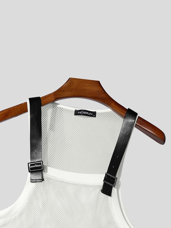 Men's Techwear Avant-Garde Adjustable Leather Buckle Strap Sheer Fishnet Mesh Tank SKUL63147