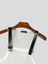 Men's Techwear Avant-Garde Adjustable Leather Buckle Strap Sheer Fishnet Mesh Tank SKUL63147