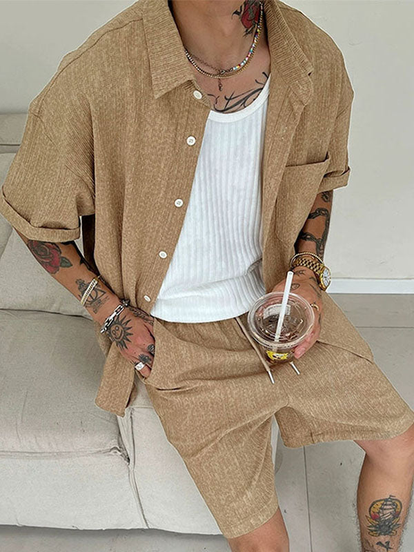 Mens Simple Textured Short Sleeve Two Pieces Outfit SKUL03662