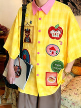 Men's Cartoon Print Plaid Half Sleeve Shirt SKUL45986