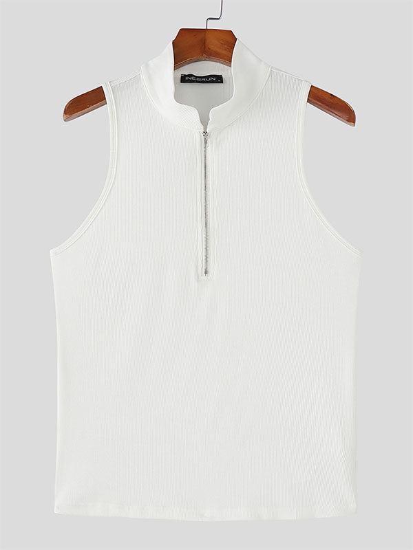 Mens Solid Textured Zip-Up Casual Tank SKUL15195