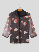 Mens Floral Print Sheer 3/4 Sleeve Shirt SKUK62934