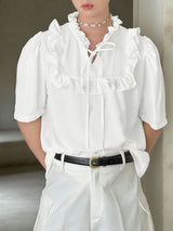 Men's Avant-Garde Romantic Ruffle Trim V-Neck Tie Front Puff Sleeve Shirt SKUL58757