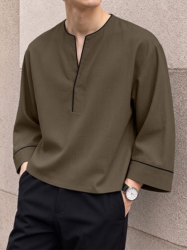 Men's Chill Relaxed City Walk Drop Shoulder Contrast Trim 3/4 Wide Sleeve Shirt SKUL85484