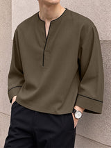 Men's Chill Relaxed City Walk Drop Shoulder Contrast Trim 3/4 Wide Sleeve Shirt SKUL85484