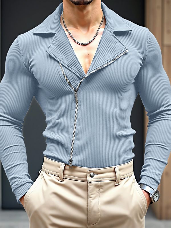 Men's Knitted Texture Lapel Double Zip Long Sleeve Cardigan SKUL35091