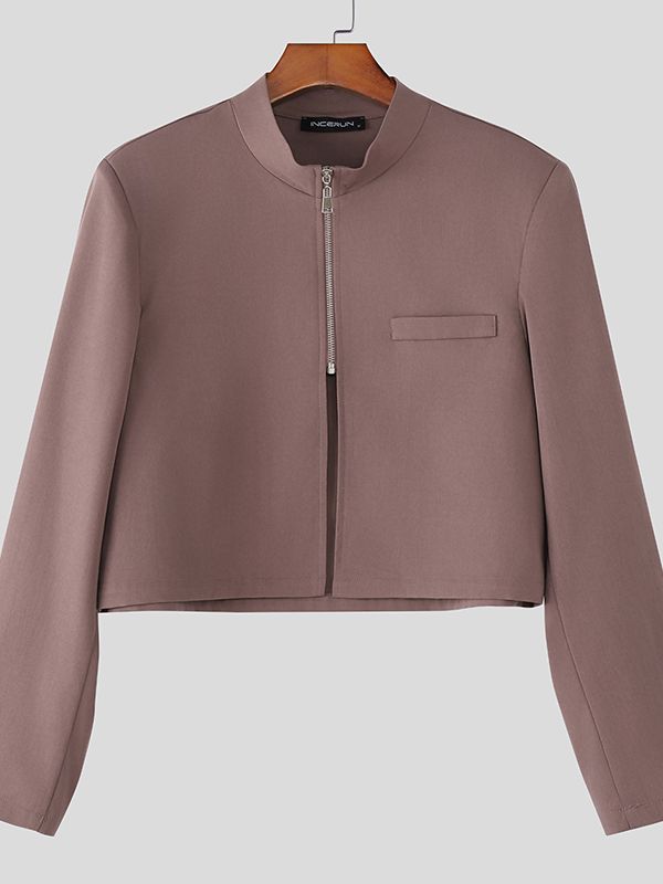 Men's Solid Color Half Zipper Stand Collar Cropped Blazer SKUL51062