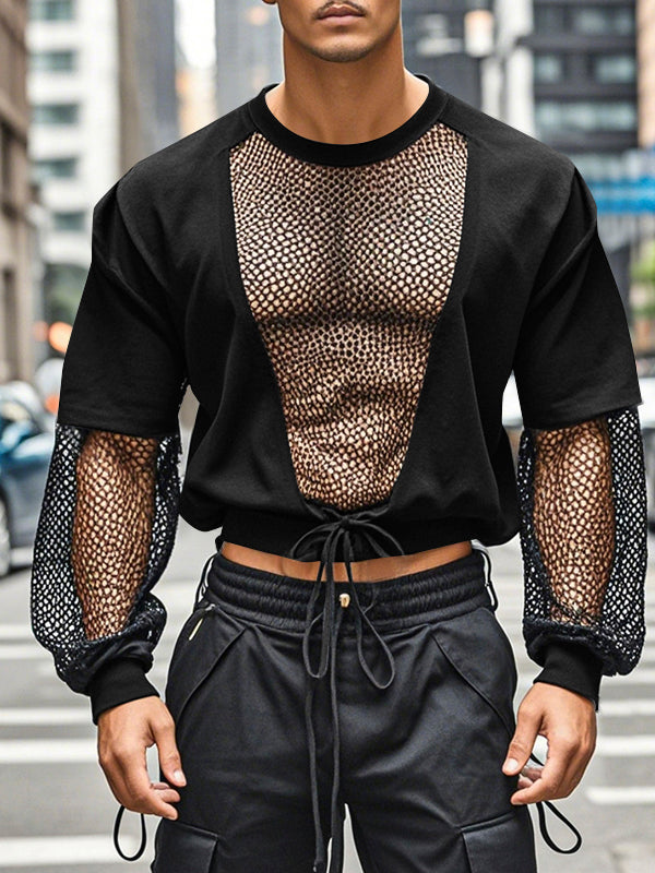 Mens Hollow-Out Sheer Cropped Long Sleeve T-Shirt SKUK93657