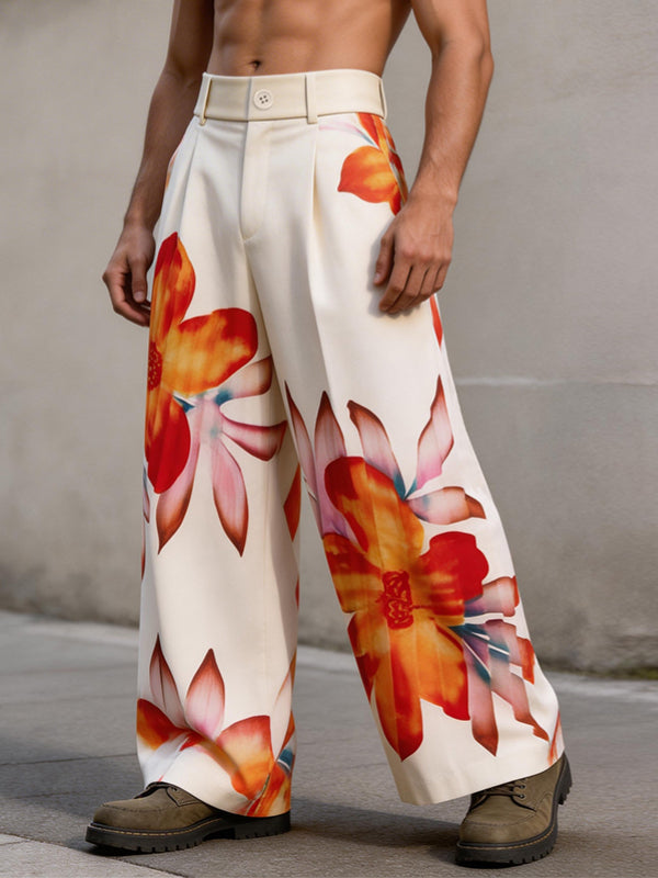 Men's Avant-Garde Tropical Floral Print High-Waisted Wide-Leg Pant SKUL68344