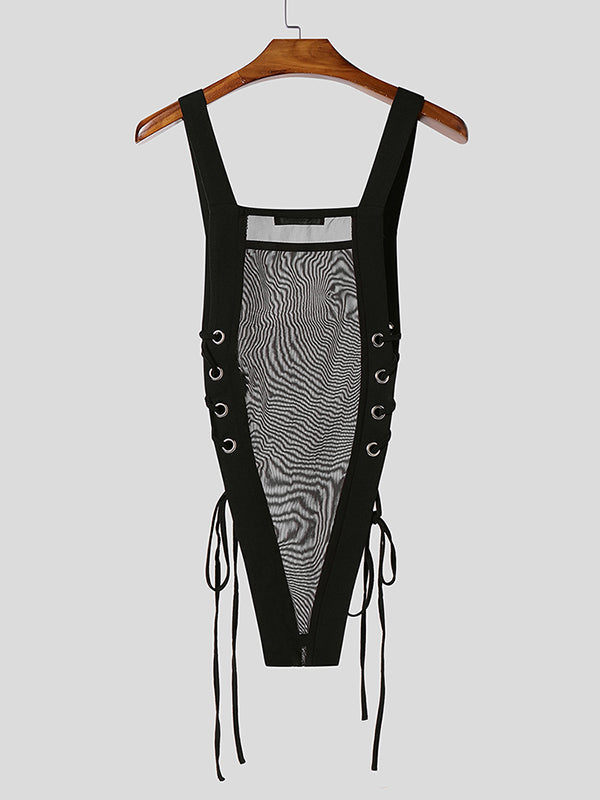 Mens Solid Color Sheer Mesh Drawstring Bodysuit SKUL13027