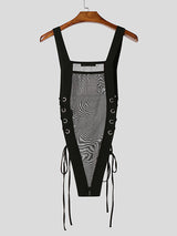 Mens Solid Color Sheer Mesh Drawstring Bodysuit SKUL13027