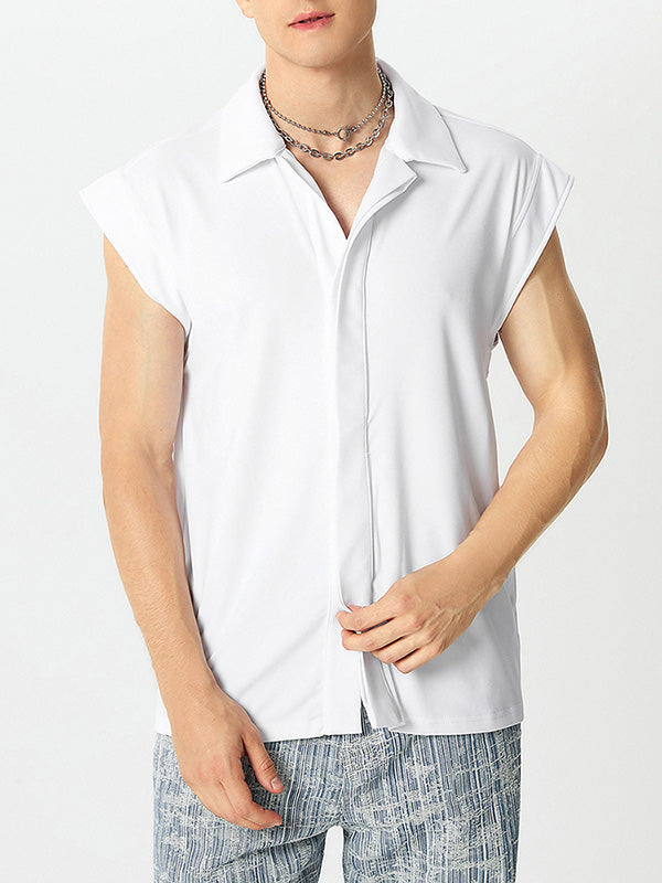 Mens Solid Lapel Casual Sleeveless Shirt SKUK49447