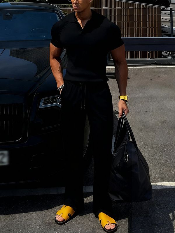 Men's Solid Color Textured Two Pieces Outfit SKUL38998