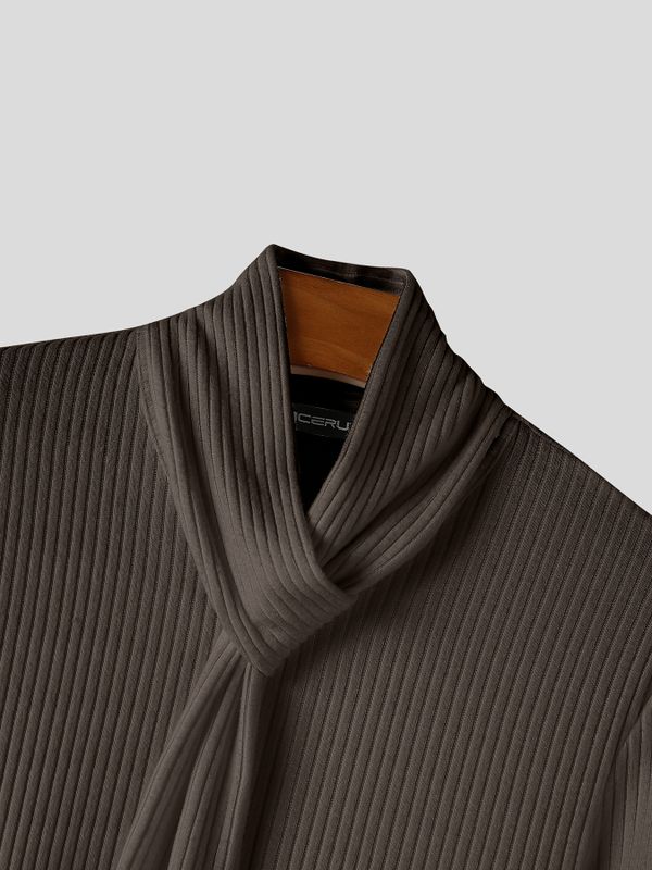 Men's Early Autumn High Street Ribbed Knit Built-in Scarf Long Sleeve Tie Neck Pullover SKUL79682