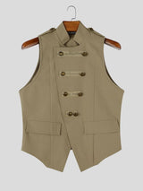 Men's Retro Stage Performance Military Frog Button Epaulet Pointed Hem Sleeveless Stand Collar Waistcoat SKUL84566