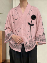 Men's Avant-Garde Starry Night & Castle Print 3D Applique Rose Short Sleeve Shirt SKUL61936