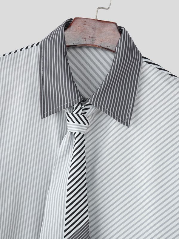 Men's Stripe Tie Patchwork Long Sleeve Shirt SKUL30561