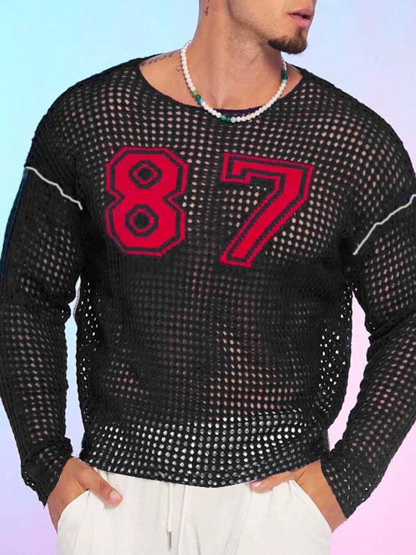 Mens Number Print Hollow Out Long Sleeve T-Shirt SKUK81544