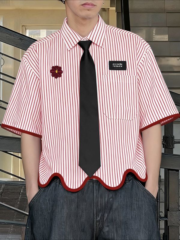 Men's Contrast Color Wave Hem Short Sleeve Shirt SKUL45335