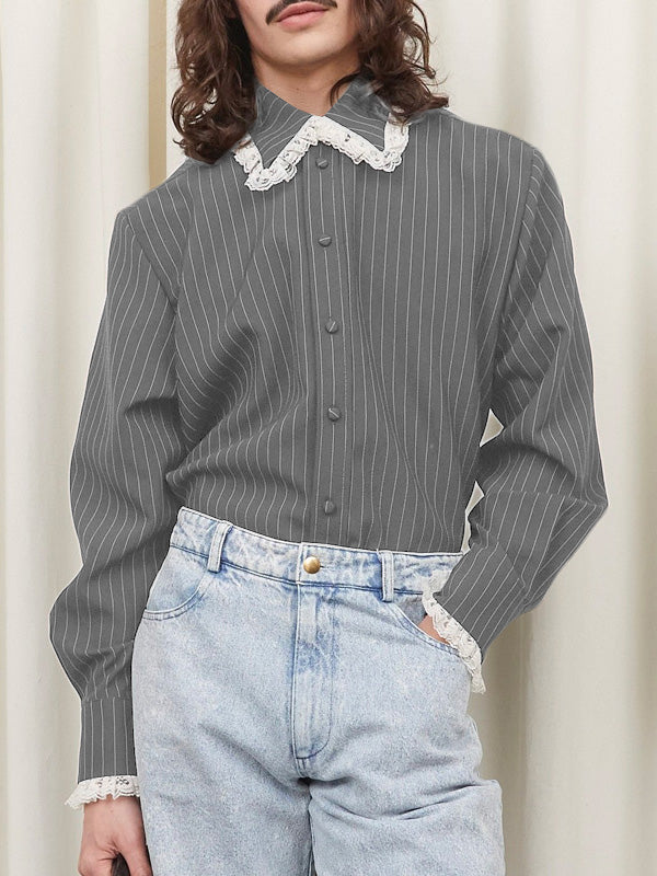 Mens Lace Patchwork Striped Long-Sleeve Shirt SKUK81734