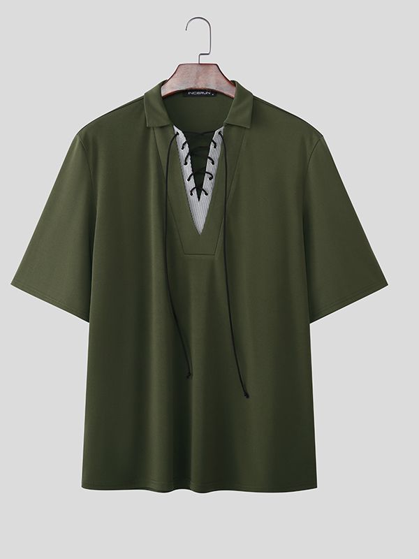 Men's Striped Eyelet Drawstring Half Sleeve Shirt SKUL50015