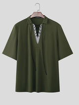 Men's Striped Eyelet Drawstring Half Sleeve Shirt SKUL50015