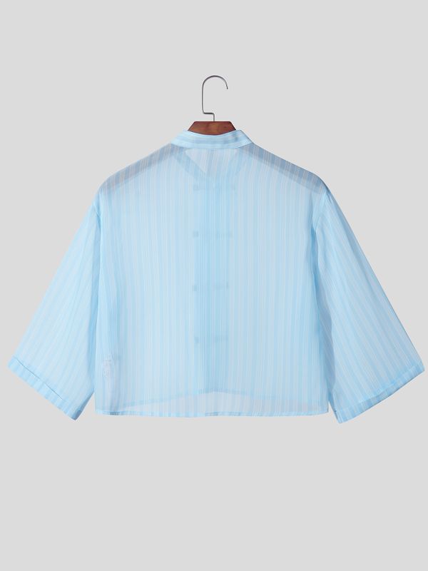 Men's Avant-Garde Neo-Chinese Sheer Striped Cropped Frog-Button Shirt SKUL63172