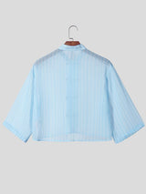 Men's Avant-Garde Neo-Chinese Sheer Striped Cropped Frog-Button Shirt SKUL63172