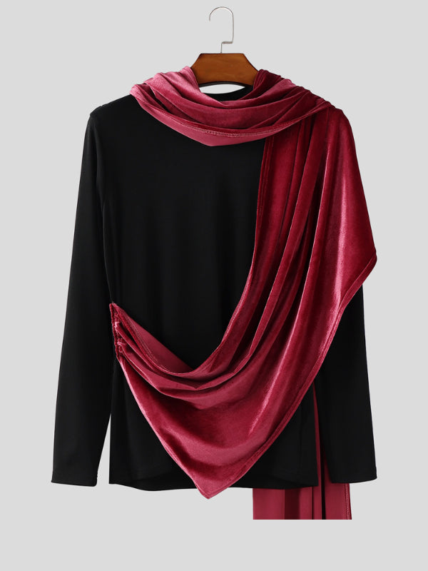 Men's Contrast Velvet Patchwork Long Sleeve T-Shirt SKUL29768