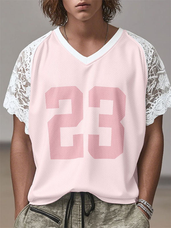 Men's Number 23 Lace Patchwork Short Sleeve T-Shirt SKUL19150