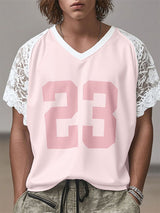 Men's Number 23 Lace Patchwork Short Sleeve T-Shirt SKUL19150
