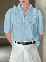 Men's Avant-Garde Romantic Ruffle Trim V-Neck Tie Front Puff Sleeve Shirt SKUL58757