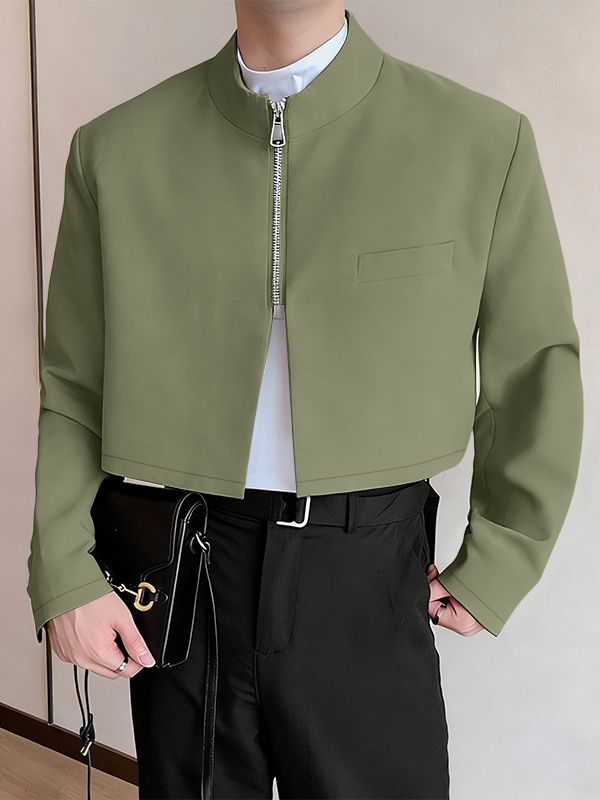Men's Solid Color Half Zipper Stand Collar Cropped Blazer SKUL51062