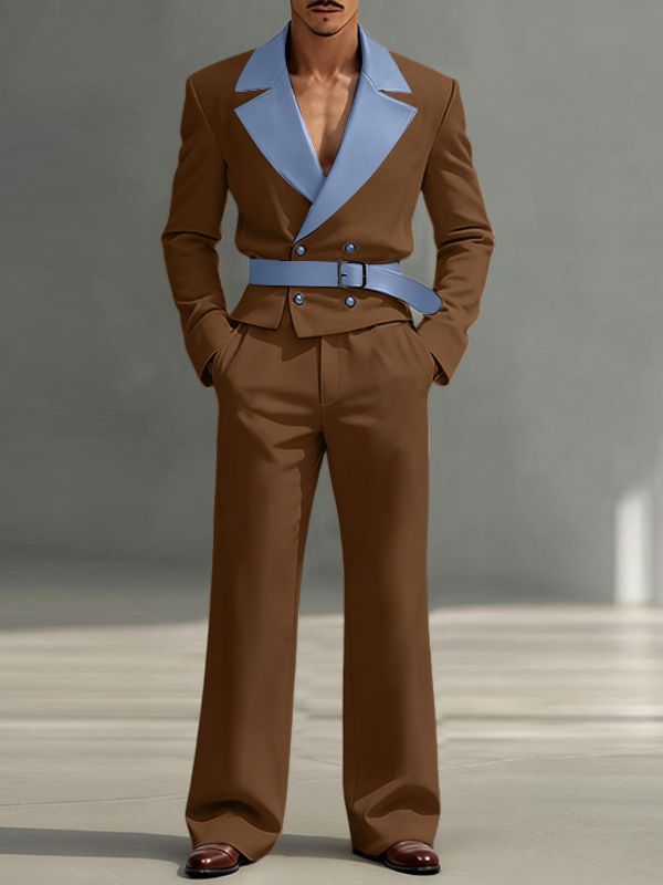 Men's Faux Leather Contrast Color Double Breasted Two Pieces Outfit SKUL47907