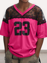 Men's Number Print Sheer Lace Patchwork Short Sleeve T-Shirt SKUL19020