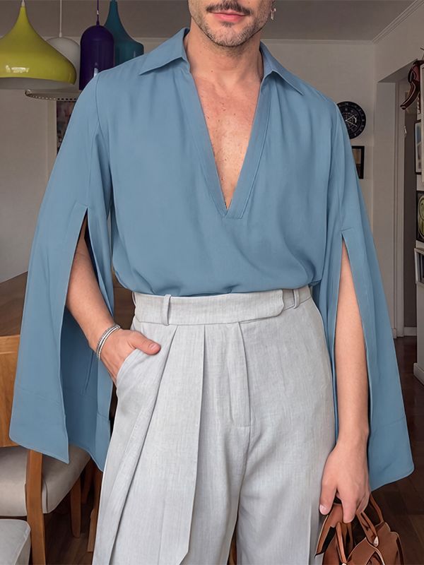 Men's Avant-Garde Deep V-Neck Cape Sleeve Drapey Shirt SKUL78050