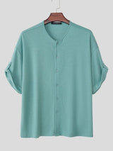 Men's Vintage Japanese Style Knit Textured Relaxed Fit Drop Shoulder Short Sleeve Shirt SKUL72617
