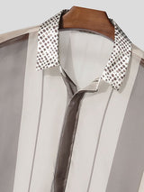 Men's Retro Early Autumn Sheer Stripe Contrast Polka Dot Lantern Long Sleeve Lapel Collar Shirt SKUL77321