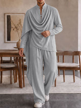 Men's Zen Minimalist Art Exhibition Draped Cape Collar Frog Button Two Pieces Outfit SKUL85354