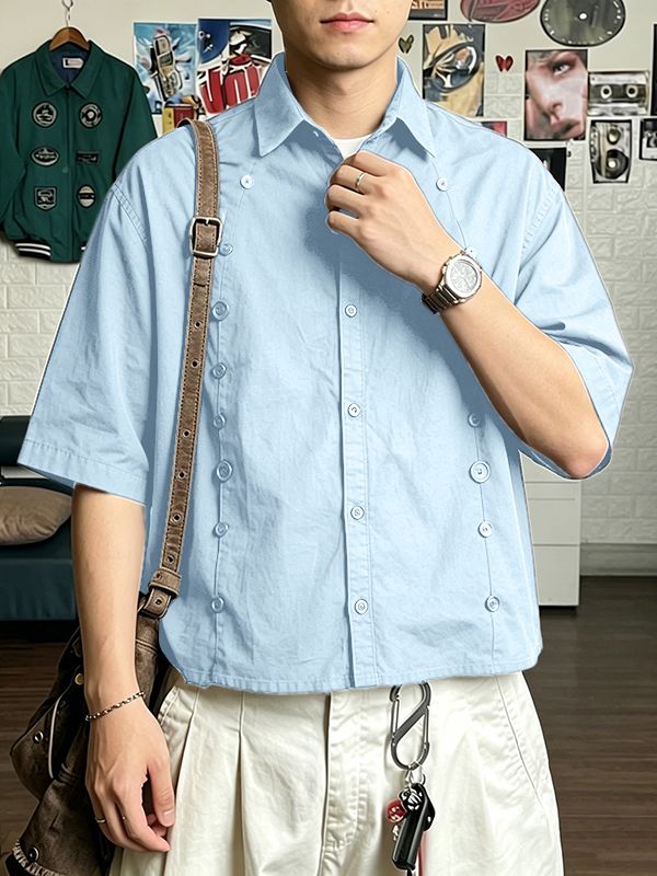 Men's Avant-Garde High Street Multi-Button Deconstructed Relaxed Short Sleeve Shirt SKUL60138