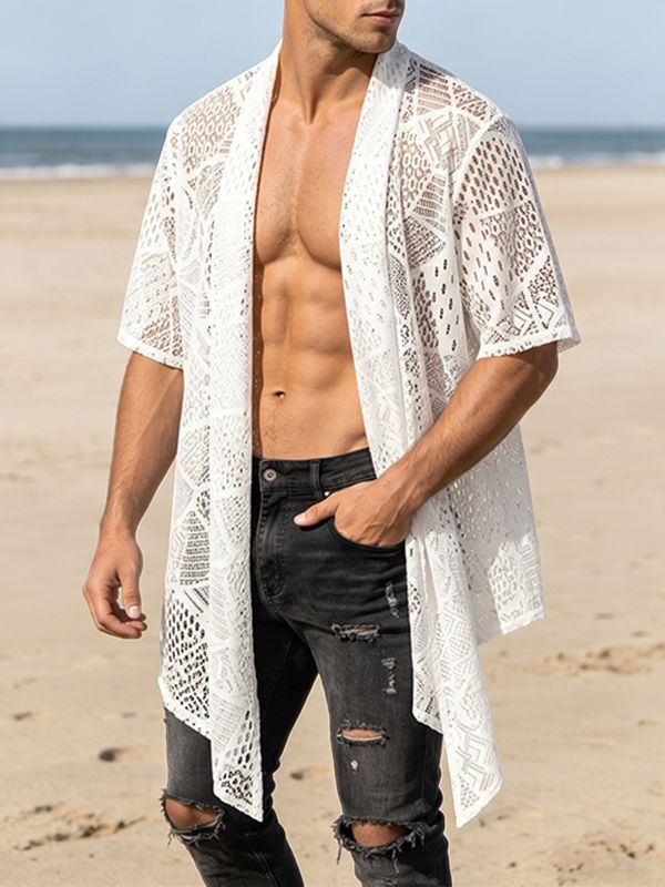 Men's Summer Beach Sheer Crochet Lace Open Front Kimono Cardigan SKUL69702