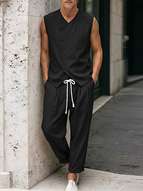 Men's Modern Chinoiserie Asymmetric Diagonal Button Two Pieces Outfit SKUL68426