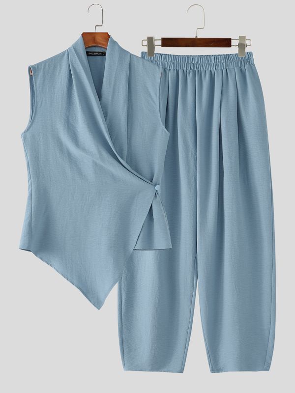 Men's Minimalist Zen Textured Asymmetrical Wrap Two Pieces Outfit SKUL74880