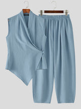 Men's Minimalist Zen Textured Asymmetrical Wrap Two Pieces Outfit SKUL74880