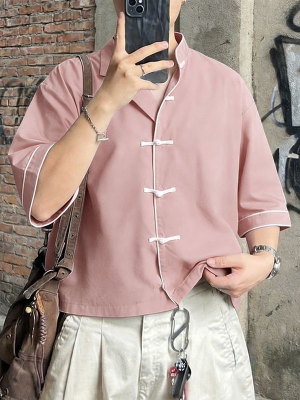 Men's Vintage Casual Lightweight Contrast Piping Frog Button Open Collar Short Sleeve Shirt SKUL55390