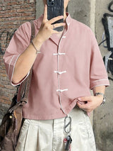 Men's Vintage Casual Lightweight Contrast Piping Frog Button Open Collar Short Sleeve Shirt SKUL55390